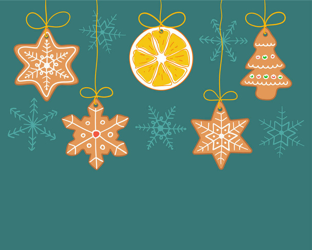 Вектор Gingerbread cookie і сухий апельсин висять на золотих стрічках на зеленому тлі. Щасливого Різдва і щасливого новорічного задуму  - Вектор, зображення
