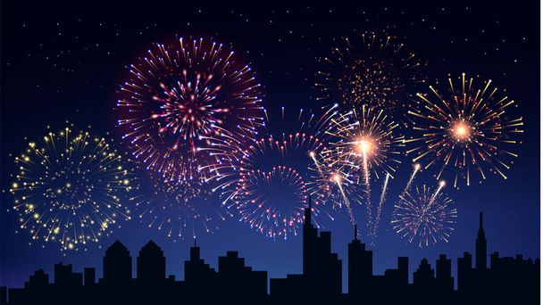 Pyrotechnics And Fireworks In City Background - Vector, Image