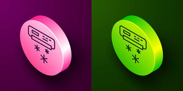 Izometrikus vonal Légkondicionáló ikon elszigetelt lila és zöld alapon. Osztott rendszerű légkondicionálás. Hűvös és hideg klímaszabályozó rendszer. Körgomb. Vektor. - Vektor, kép
