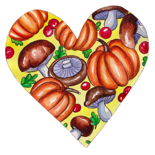 Yellow heart with hornbeams, pumpkins and berries. Autumn illustration for print. - Photo, Image