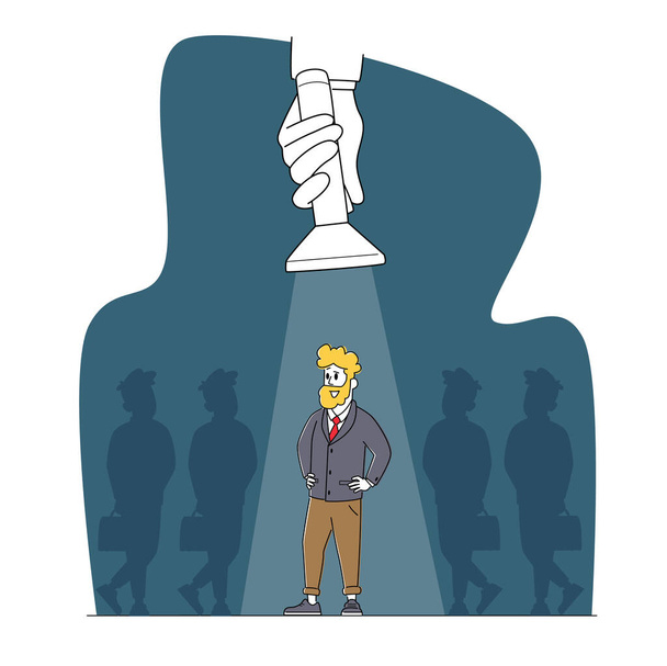 Job Search Business Recruitment Concept. Businessman Character Stand with Arms Akimbo in Spotlight Beam. Hiring Talent - Vector, Image