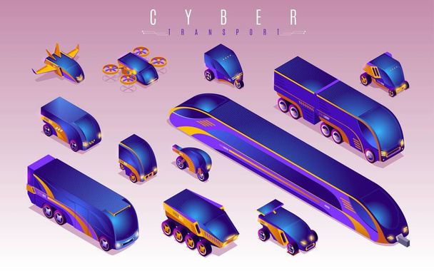 Cyber Transport Set isometric icons on isolated background - Vector, Image