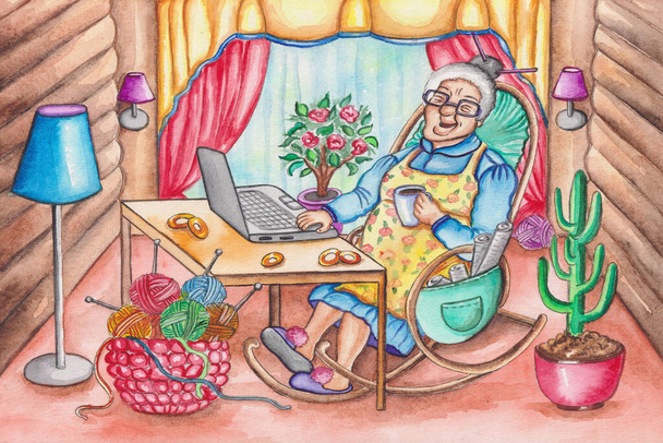 A avó está sentada numa cadeira de balanço. Ela se comunica com seus netos em um laptop. A ilustração pode ser usada como uma saudação para o Dia da Avó. - Foto, Imagem