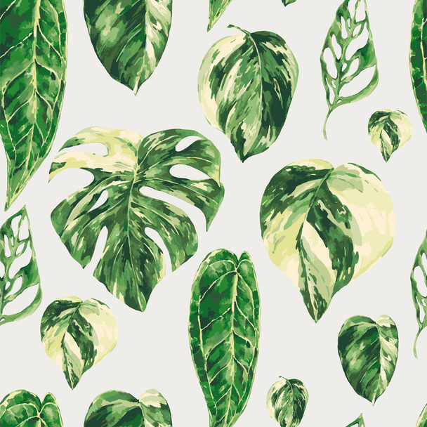 Vector watercolor tropical green leaves seamless pattern. Monstera Variegated greenery texture, botanical wallpaper. - Vector, Image
