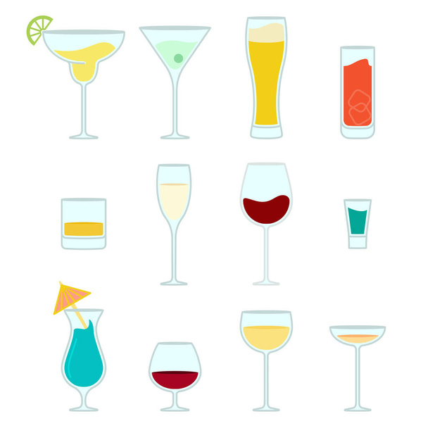 Set of different types of alcoholic drinks like cocktails, wine, beer and more in vector - Vector, Image