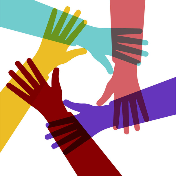 Mãos de um grupo diversificado de pessoas reunidas. Cooperação, união, parceria, acordo, trabalho em equipe, eps 10 - Vetor, Imagem