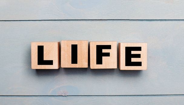 Wooden cubes with the text LIFE on a light blue wooden background. - 写真・画像