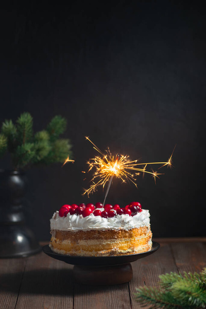 Slavnostní dort se svíčkami na tmavém pozadí s brusinkami domácí pekárny - Fotografie, Obrázek