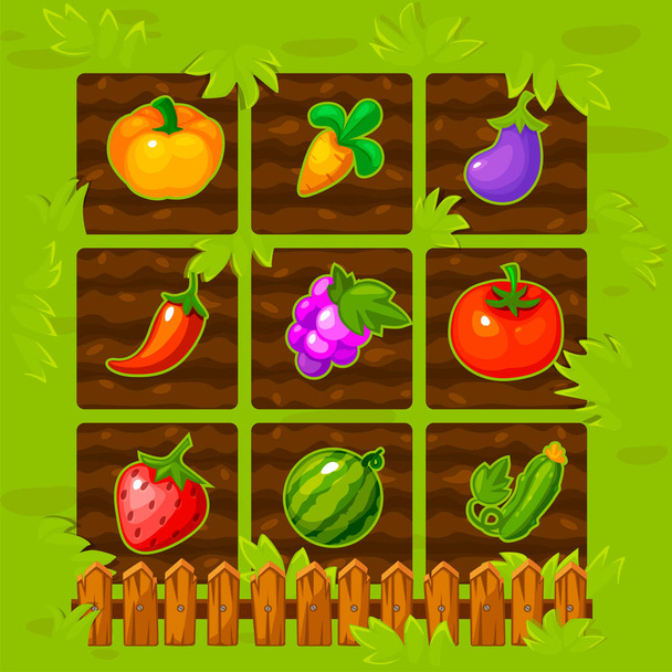 Vector farm game field match 3 with with a wooden fence and berries. - Vektor, Bild