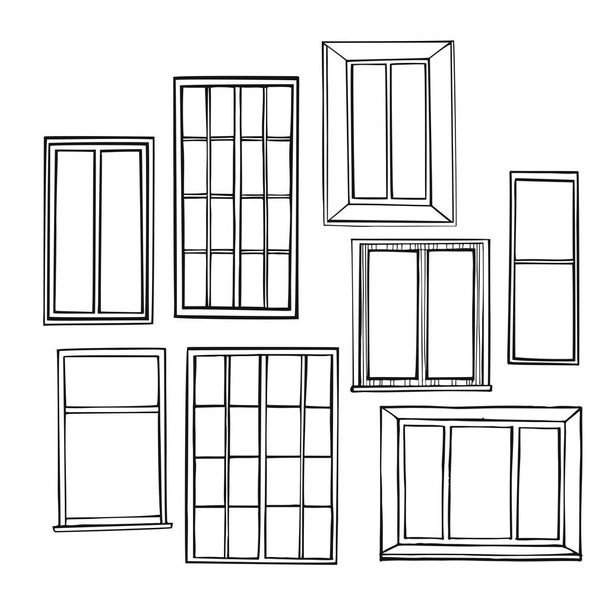 Fenêtres dessinées à la main sur fond blanc. Illustration de croquis vectoriels. - Vecteur, image