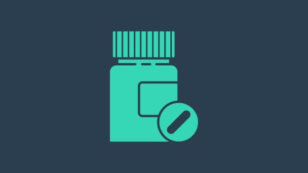 Turkoois Medicijn fles en pillen pictogram geïsoleerd op blauwe achtergrond. Flessenpil teken. Farmaceutisch ontwerp. 4K Video motion grafische animatie - Video