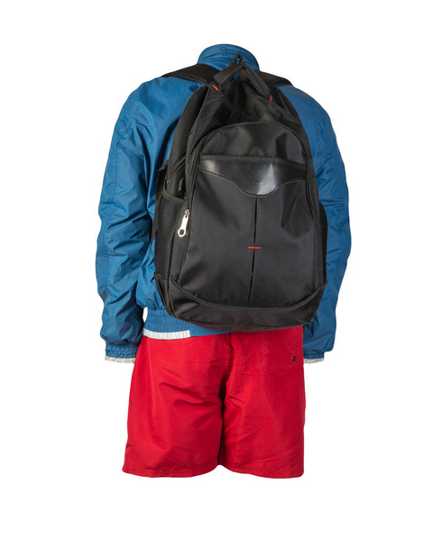 black backpack,red shorts,blue whie windbreaker jacket isolated on white background. casual wear - Photo, image