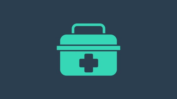 Turquoise First aid kit icon isolated on blue background. Medical box with cross. Medical equipment for emergency. Healthcare concept. 4K Video motion graphic animation - Footage, Video