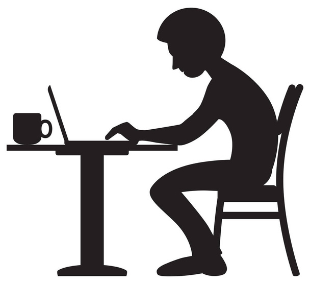 若い男がコーヒーを飲みながらノートパソコンをシルエットにして - ベクター画像