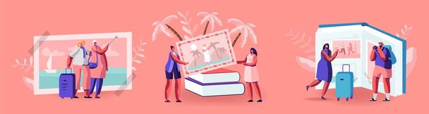 Kleine Charaktere auf der Suche nach Wanderbildern in einem riesigen Fotoalbum, Tropical Beach Resort, europäischen Sehenswürdigkeiten, Sommerurlaub - Vektor, Bild