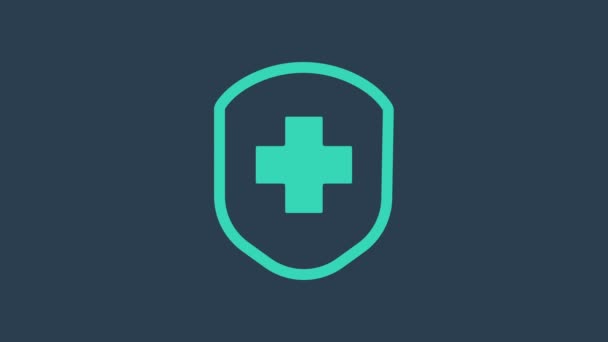 Bouclier médical turquoise avec icône croix isolée sur fond bleu. Protection, sécurité, mot de passe. Animation graphique de mouvement vidéo 4K - Séquence, vidéo