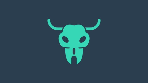 Mavi arka planda izole edilmiş turkuaz bufalo kafatası ikonu. 4K Video hareketli grafik canlandırması - Video, Çekim