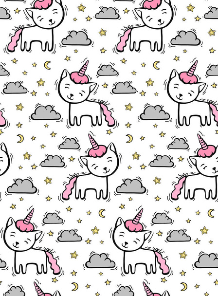 Cute pattern with line cat unicorn with horn on sky background with cloud and hearts. Hand drawn vector illustration for textile or wallpaper. - Vektör, Görsel