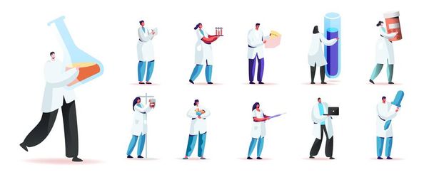 Set männliche und weibliche Charaktere in medizinischen Gewändern mit medizinischen Dingen. Männer und Frauen mit Becher, Glaskolben und Tropfer - Vektor, Bild
