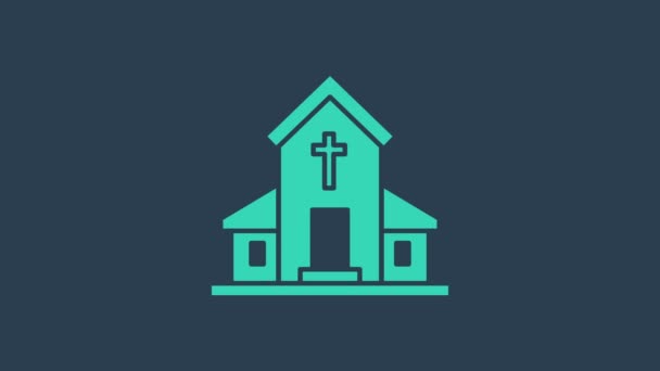 Icono del edificio de la iglesia turquesa aislado sobre fondo azul. Iglesia Cristiana. Religión de la iglesia. Animación gráfica de vídeo 4K - Metraje, vídeo