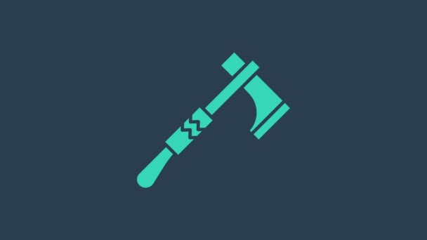 Tyrkysová Obyčejná americká ikona tomahawk sekery izolovaná na modrém pozadí. Grafická animace pohybu videa 4K - Záběry, video