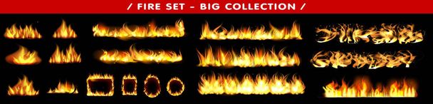 chamas de fogo realista, vetor 3d coleção de fogo, luzes vermelhas, faíscas. - Vetor, Imagem