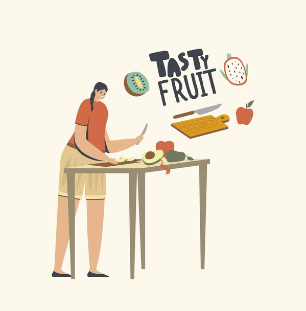Femmina carattere tagliato frutta per fare frullato o insalata fresca per mangiare sano. Pasti vegani, stile di vita ed Eco Food - Vettoriali, immagini