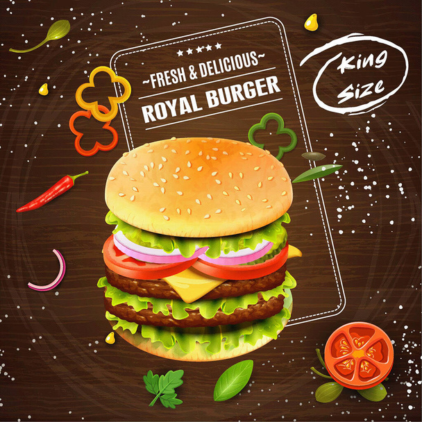 Hamburguesa King Deluxe. Ilustración 3d. Plantilla de menú de comida rápida para restaurante o café de comida rápida.  - Vector, imagen