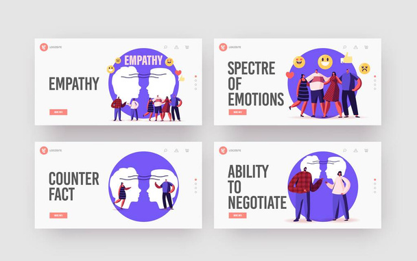 Personajes Mostrar empatía Landing Page Template Set. Inteligencia emocional, habilidades de comunicación, razonamiento y apoyo - Vector, Imagen
