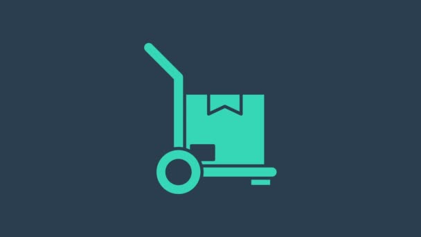 Turquoise Hand truck and boxes icon isolated on blue background. Dolly symbol. 4K Video motion graphic animation - Footage, Video