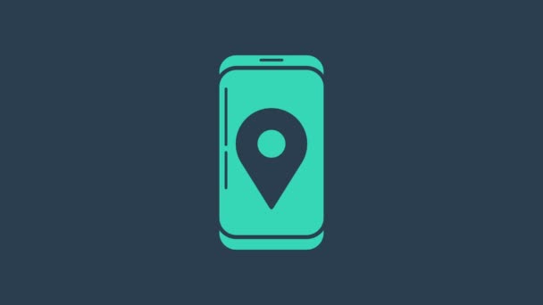 Turquoise Mobiele smartphone met app delivery tracking icoon geïsoleerd op blauwe achtergrond. Pakketpost volgen. 4K Video motion grafische animatie - Video