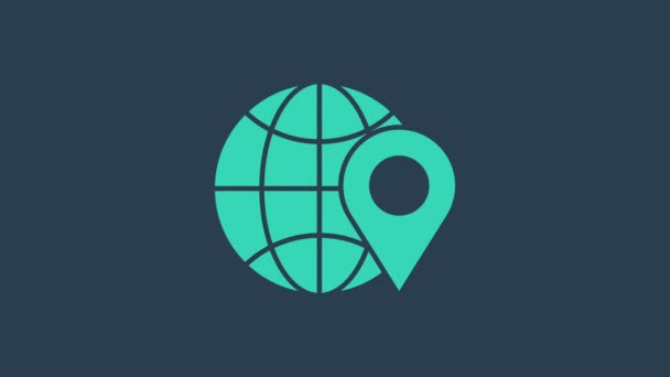 Turkus Lokalizacja na ikonie kuli ziemskiej odizolowana na niebieskim tle. Znak świata lub Ziemi. 4K Animacja graficzna ruchu wideo - Materiał filmowy, wideo