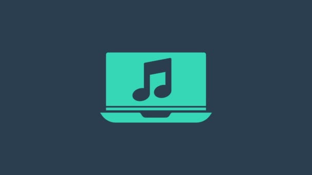 Laptop turchese con simbolo della nota musicale sull'icona dello schermo isolato su sfondo blu. Animazione grafica 4K Video motion - Filmati, video