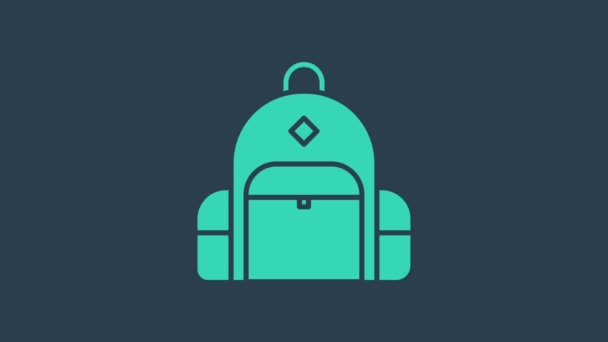 Tyrkysová ikona turistického batohu izolovaná na modrém pozadí. Táboření a poznávání hor batohem. Grafická animace pohybu videa 4K - Záběry, video
