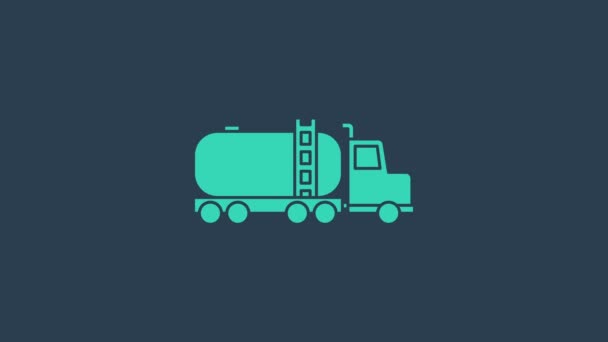 Turquesa camión cisterna icono aislado sobre fondo azul. Petrolero, camión de gasolina, cisterna, remolque de petróleo. Animación gráfica de vídeo 4K - Metraje, vídeo