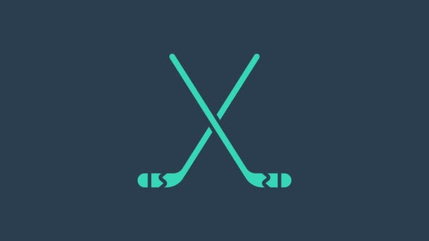 Palos de hockey sobre hielo turquesa icono aislado sobre fondo azul. Animación gráfica de vídeo 4K - Metraje, vídeo