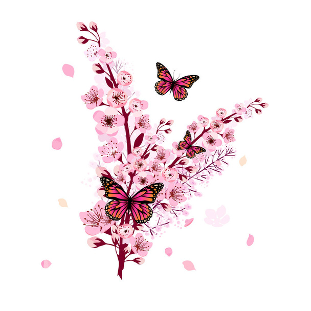 Ветвь сакуры с падающими лепестками. Бабочка на весенне-розовой ветке. Векторная иллюстрация - Вектор,изображение