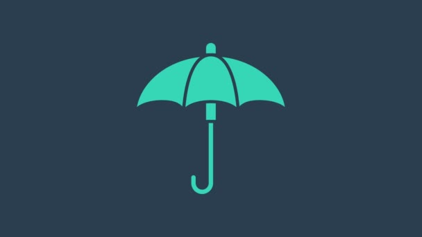 Turquoise Classic elegante geopende paraplu pictogram geïsoleerd op blauwe achtergrond. Regenbeschermingssymbool. 4K Video motion grafische animatie - Video
