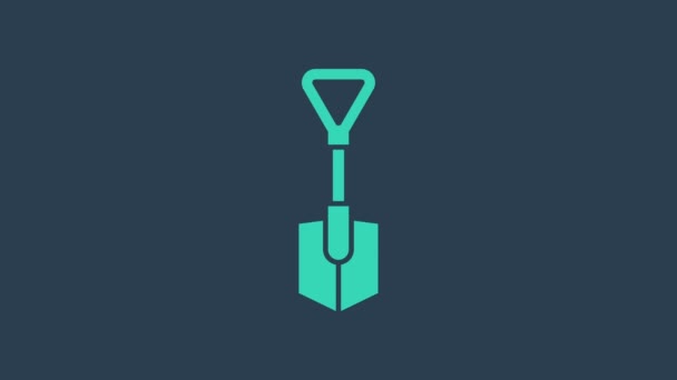 Tyrkysová ikona Shovel izolované na modrém pozadí. Zahradní nářadí. Nástroj pro zahradnictví, zemědělství, zemědělství. Grafická animace pohybu videa 4K - Záběry, video