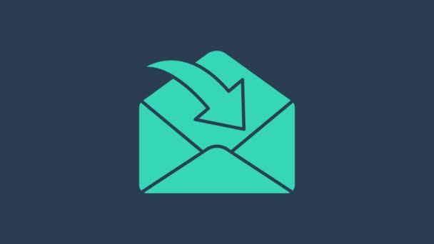 Значок бирюзового конверта выделен на синем фоне. Концепция полученного сообщения. Новые, входящие сообщения по электронной почте, смс. Служба доставки почты. Видеографическая анимация 4K - Кадры, видео