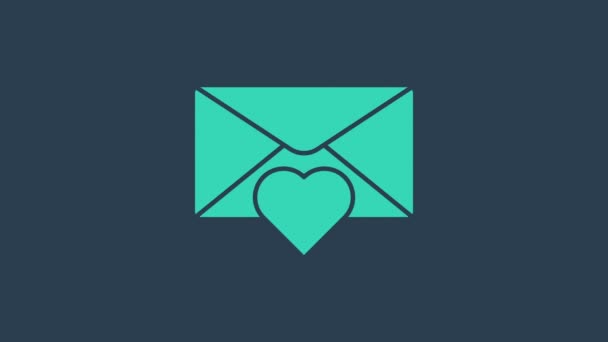 Enveloppe turquoise avec icône de coeur de Saint-Valentin isolé sur fond bleu. Message d'amour. Lettre d'amour et de romance. Animation graphique de mouvement vidéo 4K - Séquence, vidéo