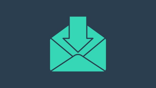 Значок бирюзового конверта выделен на синем фоне. Концепция полученного сообщения. Новые, входящие сообщения по электронной почте, смс. Служба доставки почты. Видеографическая анимация 4K - Кадры, видео