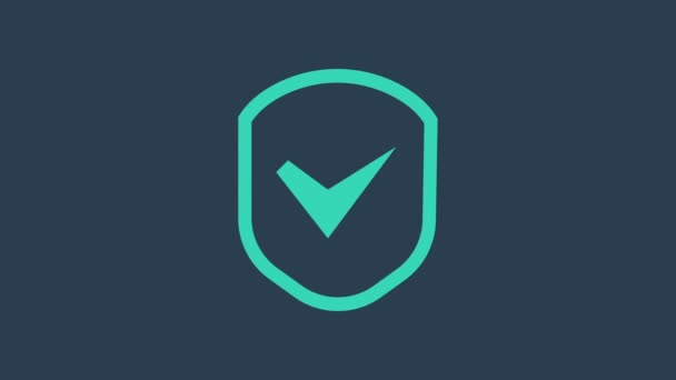 Escudo de color turquesa con icono de marca de verificación aislado sobre fondo azul. Seguridad, seguridad, protección, concepto de privacidad. Marca de marca aprobada. Animación gráfica de vídeo 4K - Metraje, vídeo