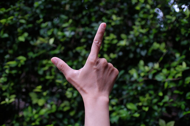 Iemands hand met de vingers vormt een L formatie, wat betekent dat de andere partij de bijnaam Loser krijgt.. - Foto, afbeelding