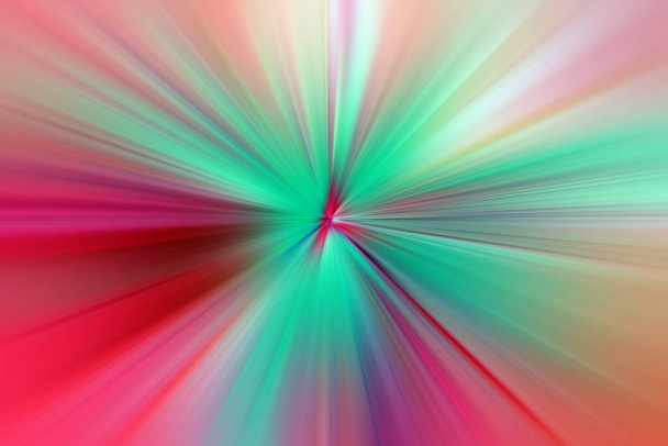 Abstract surface of radial blur zoom turquoise, red and pink tones. Abstract red and turquoise background with radial, diverging, converging lines. - Photo, Image