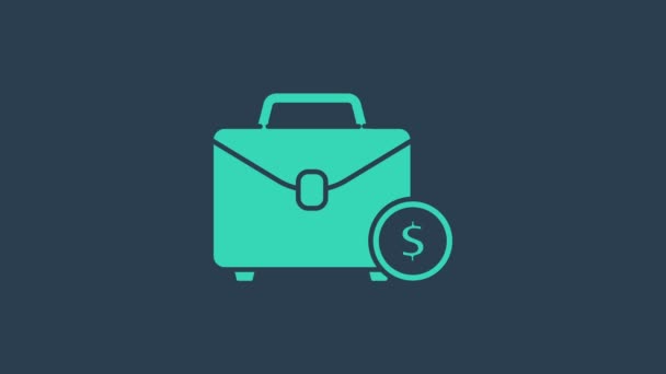 Бірюзовий портфель і грошова ікона ізольовані на синьому фоні. Підпис бізнес-справи. Портфель бізнесу. 4K Відеографічна анімація - Кадри, відео