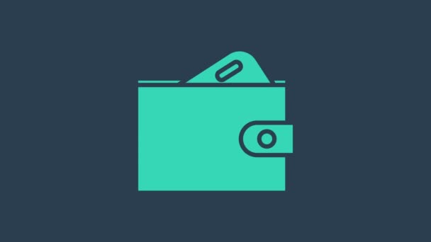 Turkusowy portfel ze stosami papierowej ikony gotówki odizolowanej na niebieskim tle. Ikona torebki. Symbol oszczędności gotówkowych. 4K Animacja graficzna ruchu wideo - Materiał filmowy, wideo