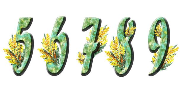 Die Zahlen lauten 5, 6, 7, 8, 9. Frühling Urlaub Textur mit Grün und Aquarell Mimosen. Vereinzelte Elemente auf weißem Hintergrund. Forte. - Foto, Bild
