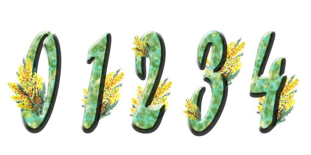 Los números son 0, 1, 2, 3, 4. Textura de vacaciones de primavera con vegetación y mimosa acuarela. Elementos aislados sobre fondo blanco. Forte.. - Foto, Imagen