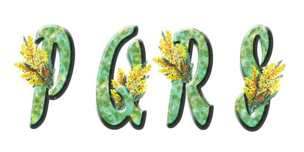 Velká písmena latinské abecedy P, Q, R, S. Jarní prázdninová textura se zelení a akvarelem mimosa. Izolované prvky na bílém pozadí. Forte. - Fotografie, Obrázek